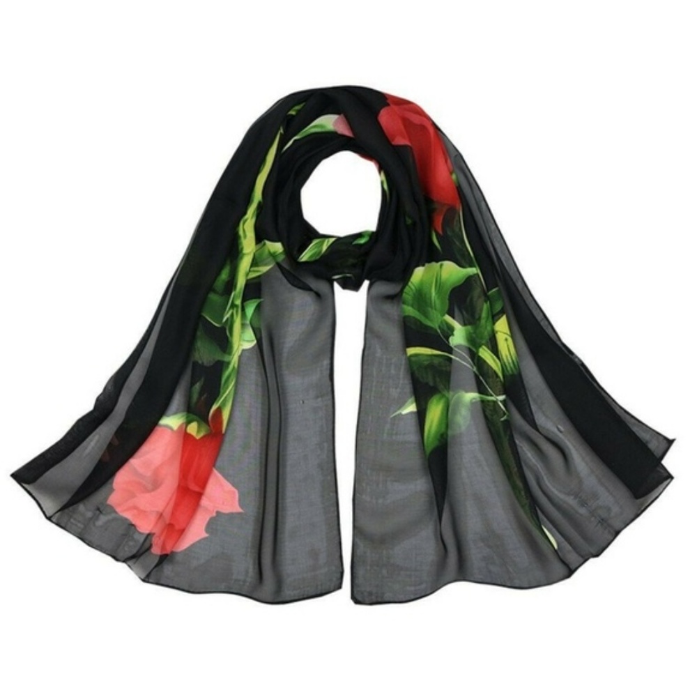 Black & Red Rose Chiffon Wrap Scarf Shawl - Picture 2 of 6